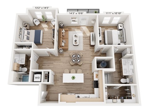 Floor plan for 2 beds, 2 baths, 1149 sqft